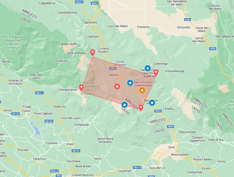 Traccia della struttura sismogenetica presunta Morino/San Vincenzo Valle Roveto