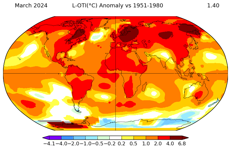 Planisfero con rappresentazione delle anomalie termiche del mese di marzo 2024