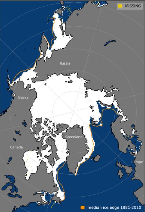 Estensione ghiacci marini artici alla fine del febbraio 2023: la linea arancione rappresenta la media calcolata sul periodo 1981-2010